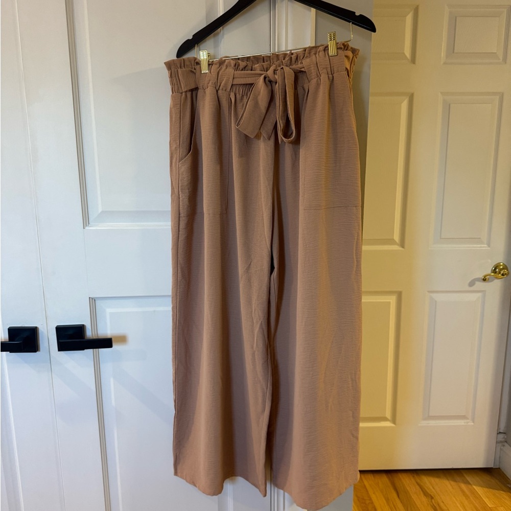 Tan High-Waisted Wide-Leg Pants